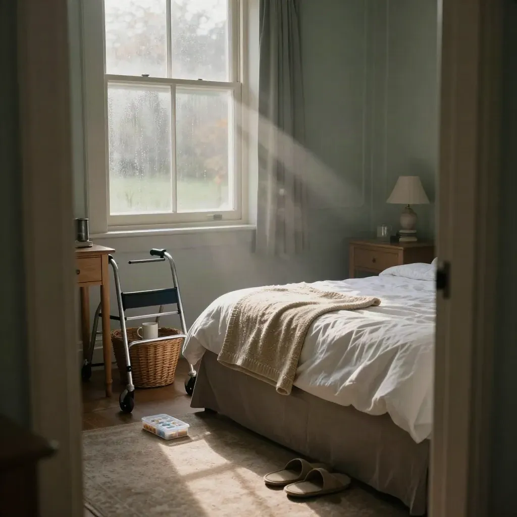 Terraced-house bedroom corner with care basket, slippers, walking frame and morning light
