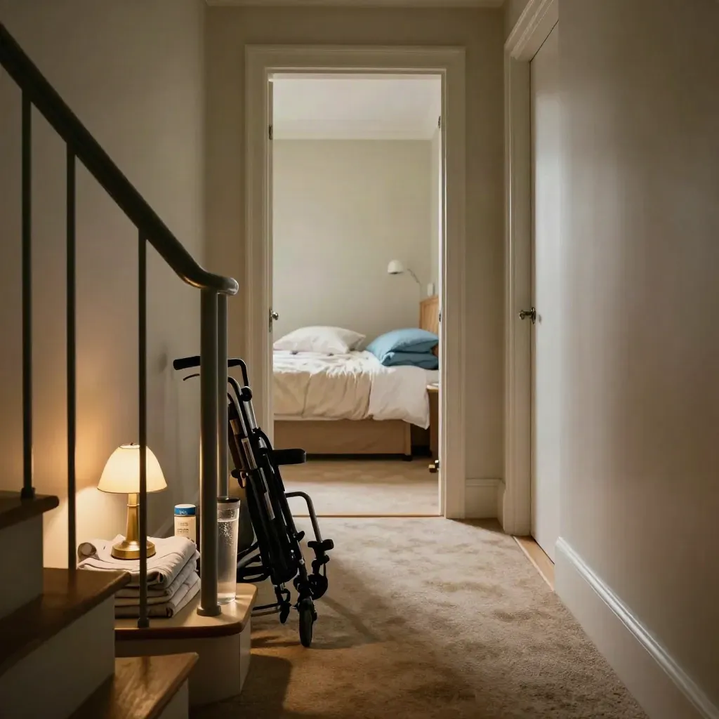 Dim upstairs landing with lamp, bedding, carafe and walker ready through the night.