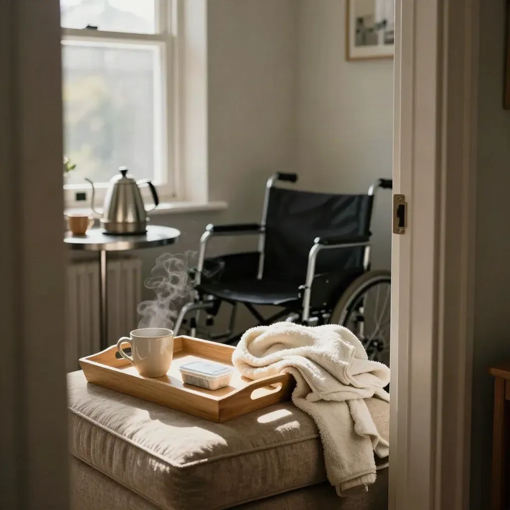 Sunlit bungalow breakfast corner with tray, pill box, blanket and walking frame by the door.