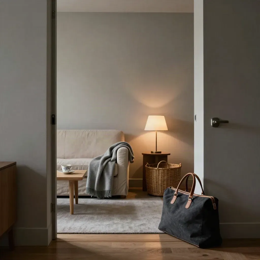 Quiet sitting room with blanket, teacup and weekend bag by the door, lit by evening lamp haze.