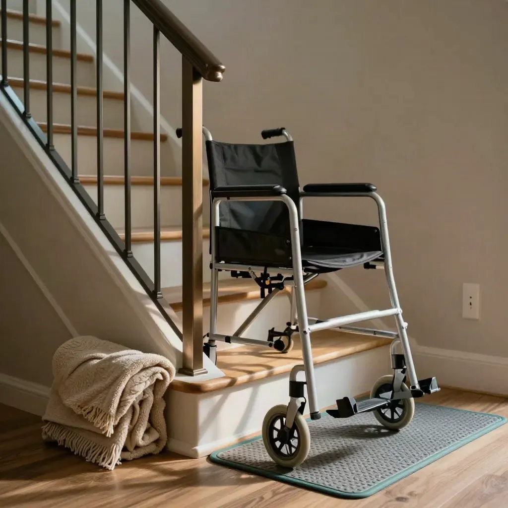 Walking frame, handrail, blanket and mat on a stair landing in cool morning light.