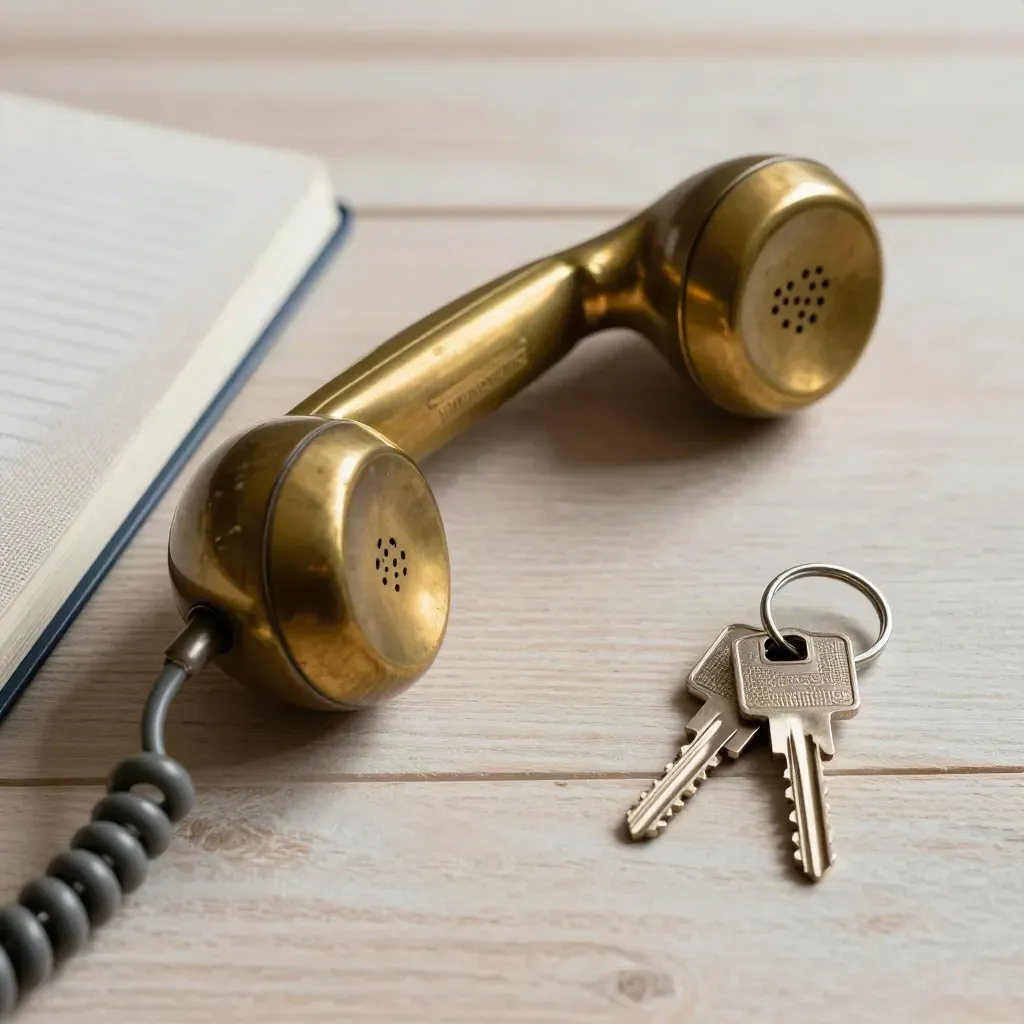 Brass handset in a cradle with linen notebook and keys on pale wood, lit from one side.