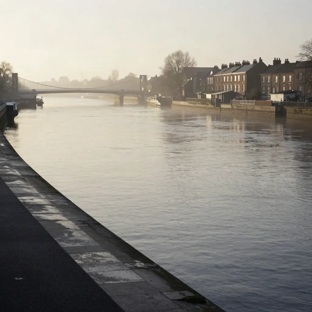 Misty Thames corridor with bridge and brick terraces above calm river water.
